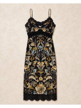 Farm Rio Floral Spaghetti Strap Midi Dress With Crochet Lace Trim Black & Yellow